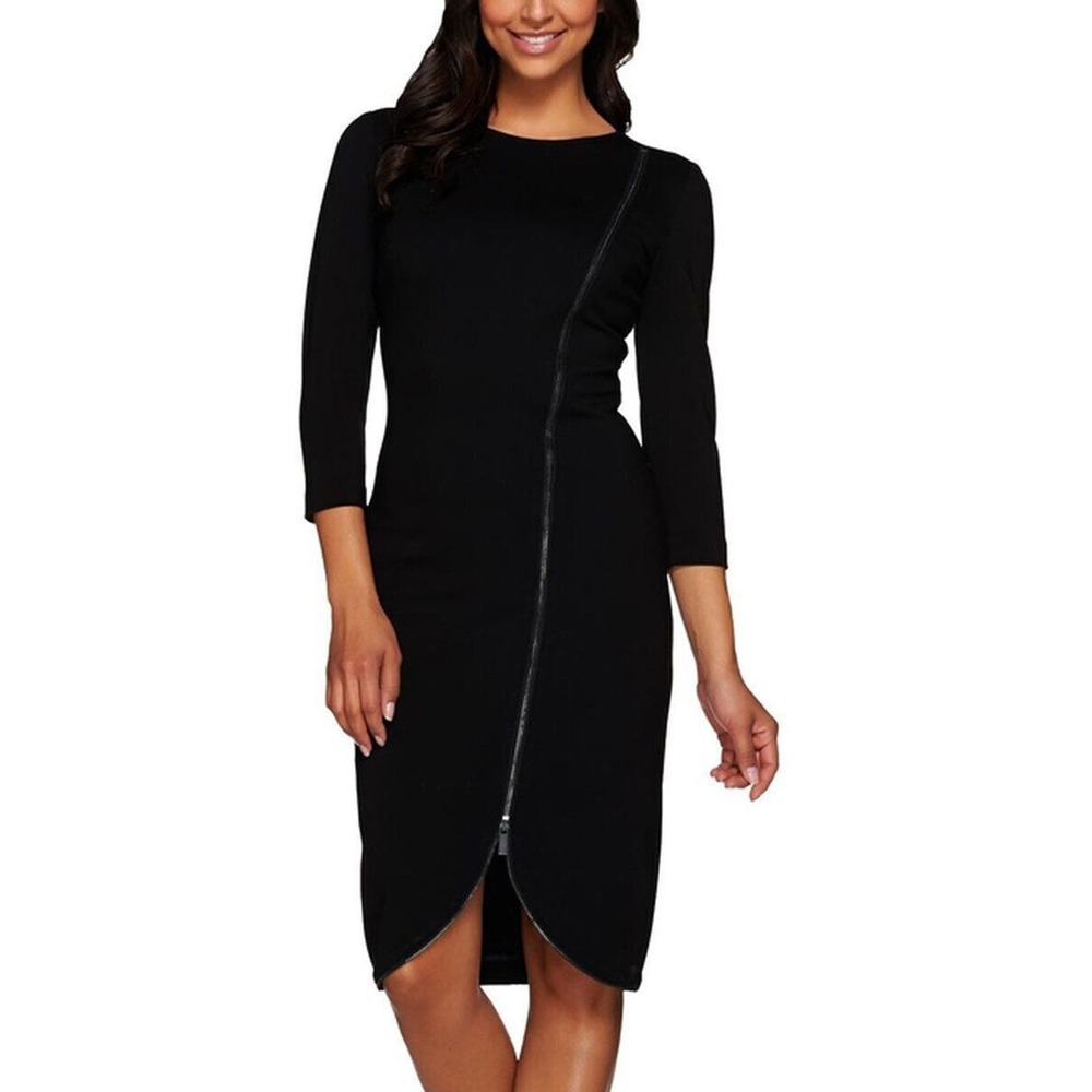 Gili Women's Zipper Sheath Dress 3/4 Sleeve Crew Neck Solid Black Size 6 - Picture 1 of 9